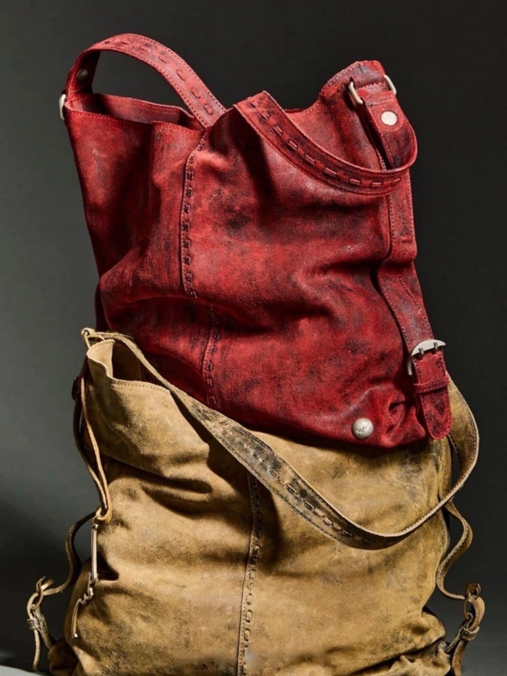 Free People We The Free Distressed Khaki Sandblast Suede Shoulder Bag Bucket - Picture 9 of 13